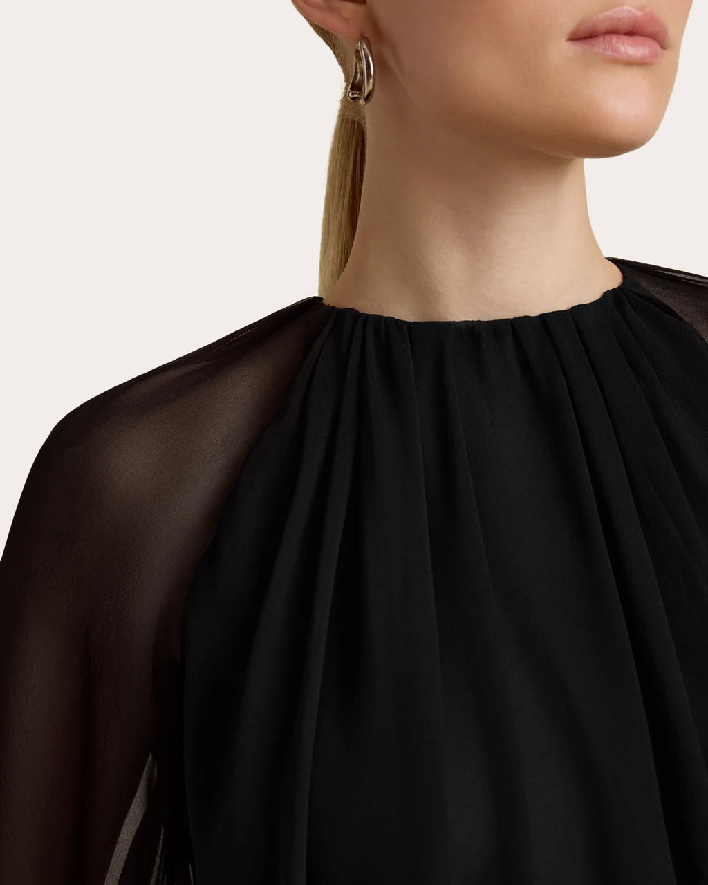 Silk Chiffon Gathered Long-Sleeve Blouse