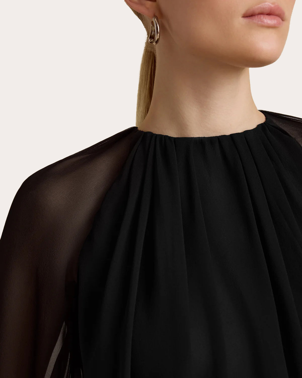 Silk Chiffon Gathered Long-Sleeve Blouse