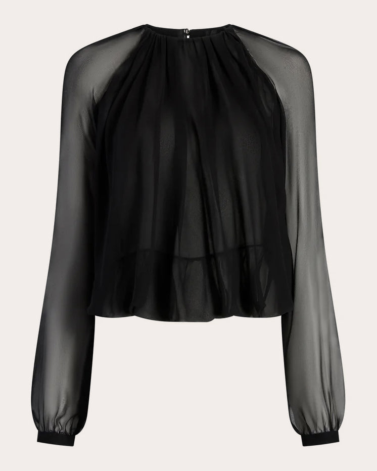 Silk Chiffon Gathered Long-Sleeve Blouse