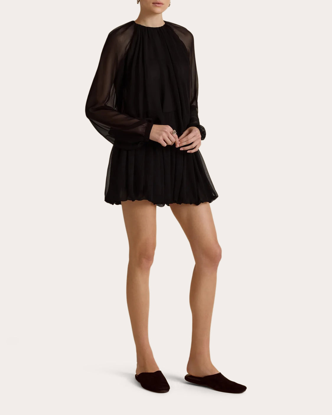 Silk Chiffon Gathered Long-Sleeve Blouse