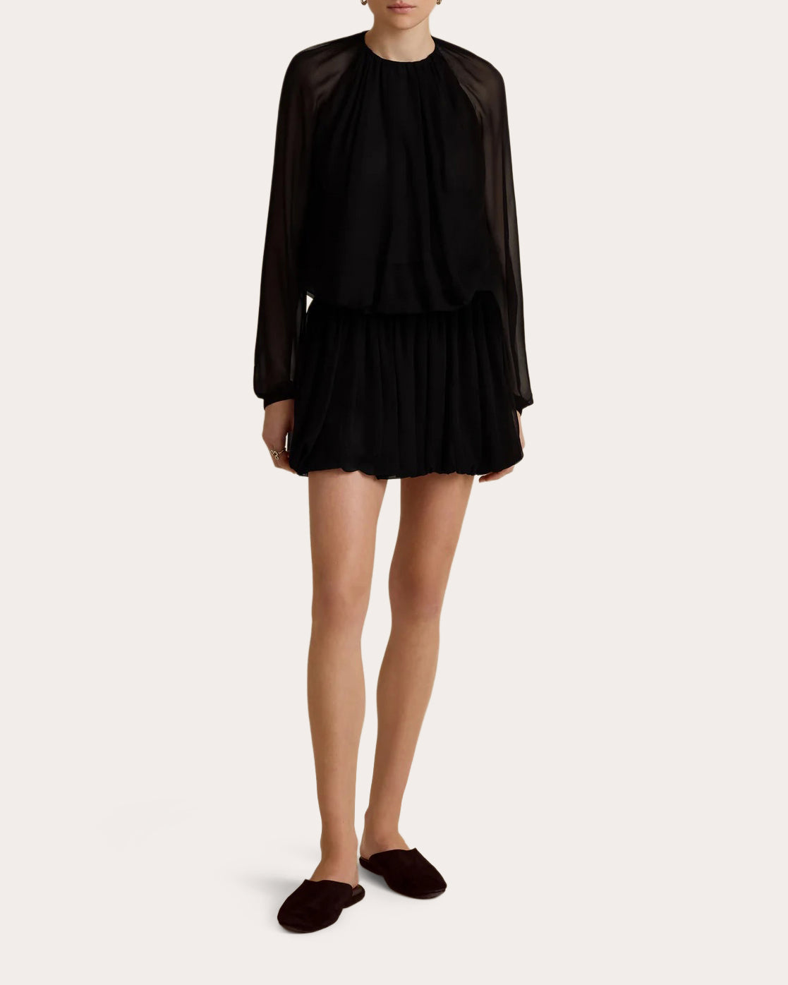 Silk Chiffon Gathered Long-Sleeve Blouse