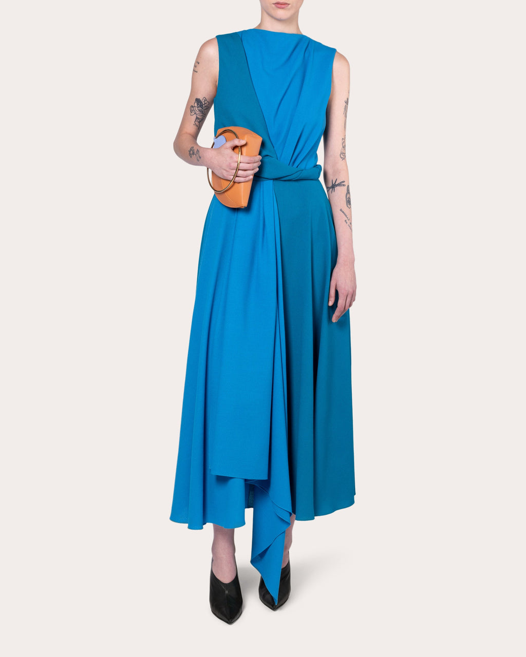 Parsa Color Block Crepe Asymmetric Twist Midi Dress