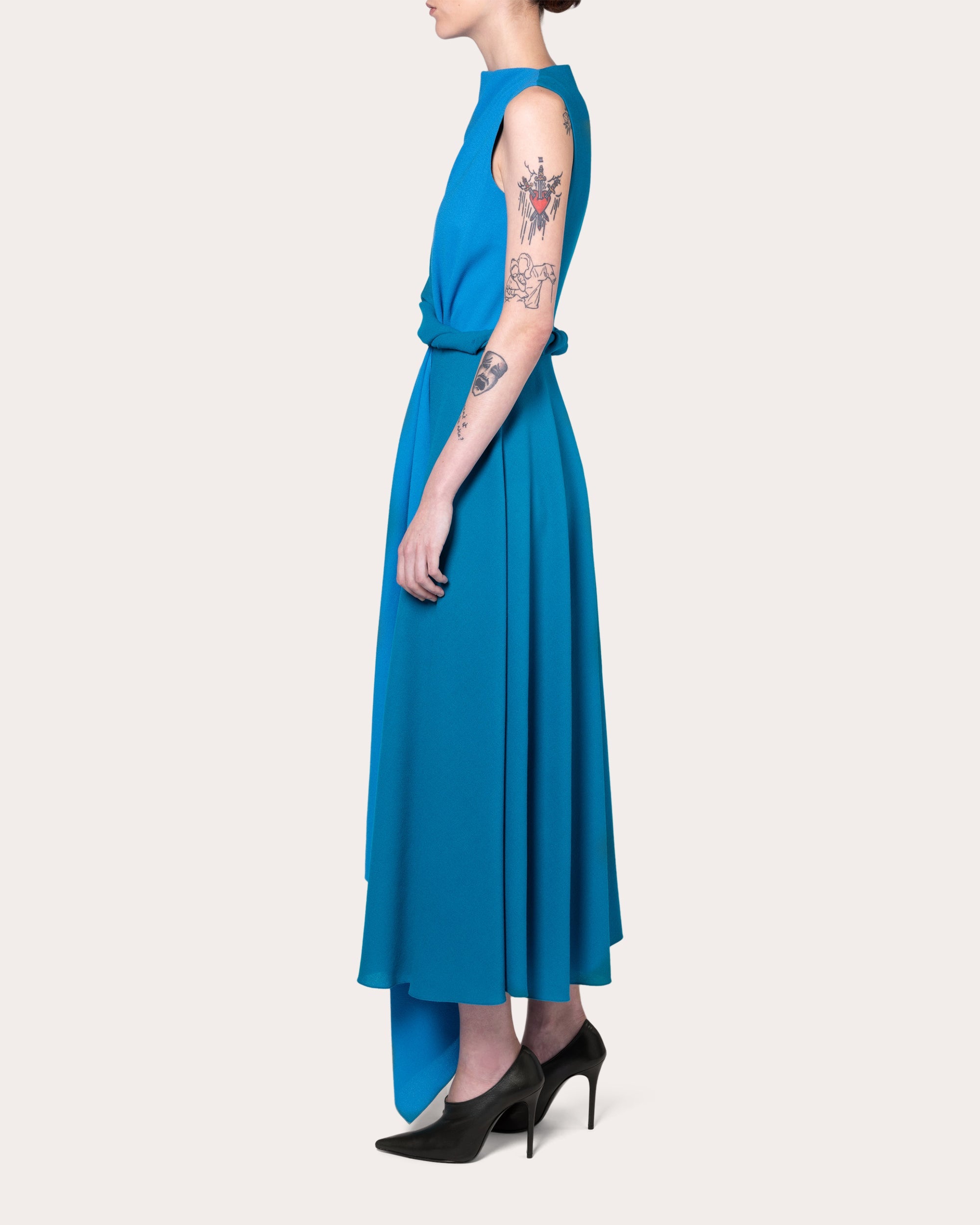 Parsa Color Block Crepe Asymmetric Twist Midi Dress