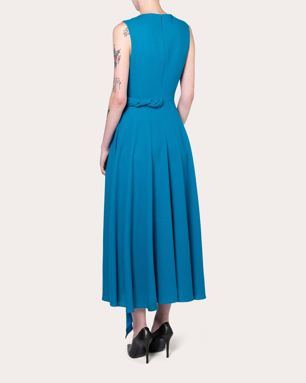 Parsa Color Block Crepe Asymmetric Twist Midi Dress