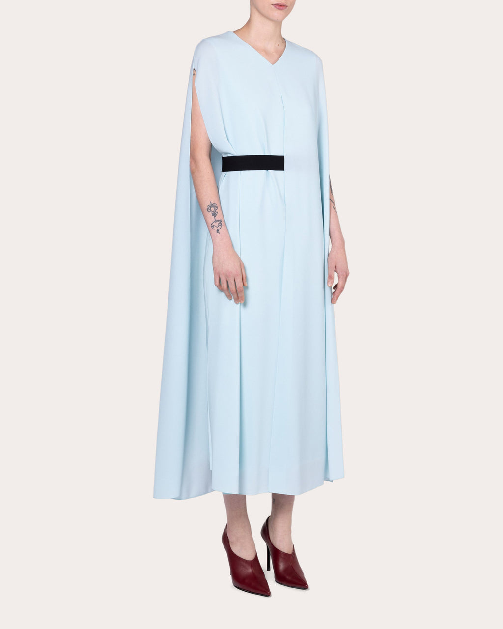 Fyera Crepe Belted Cape Midi Dress