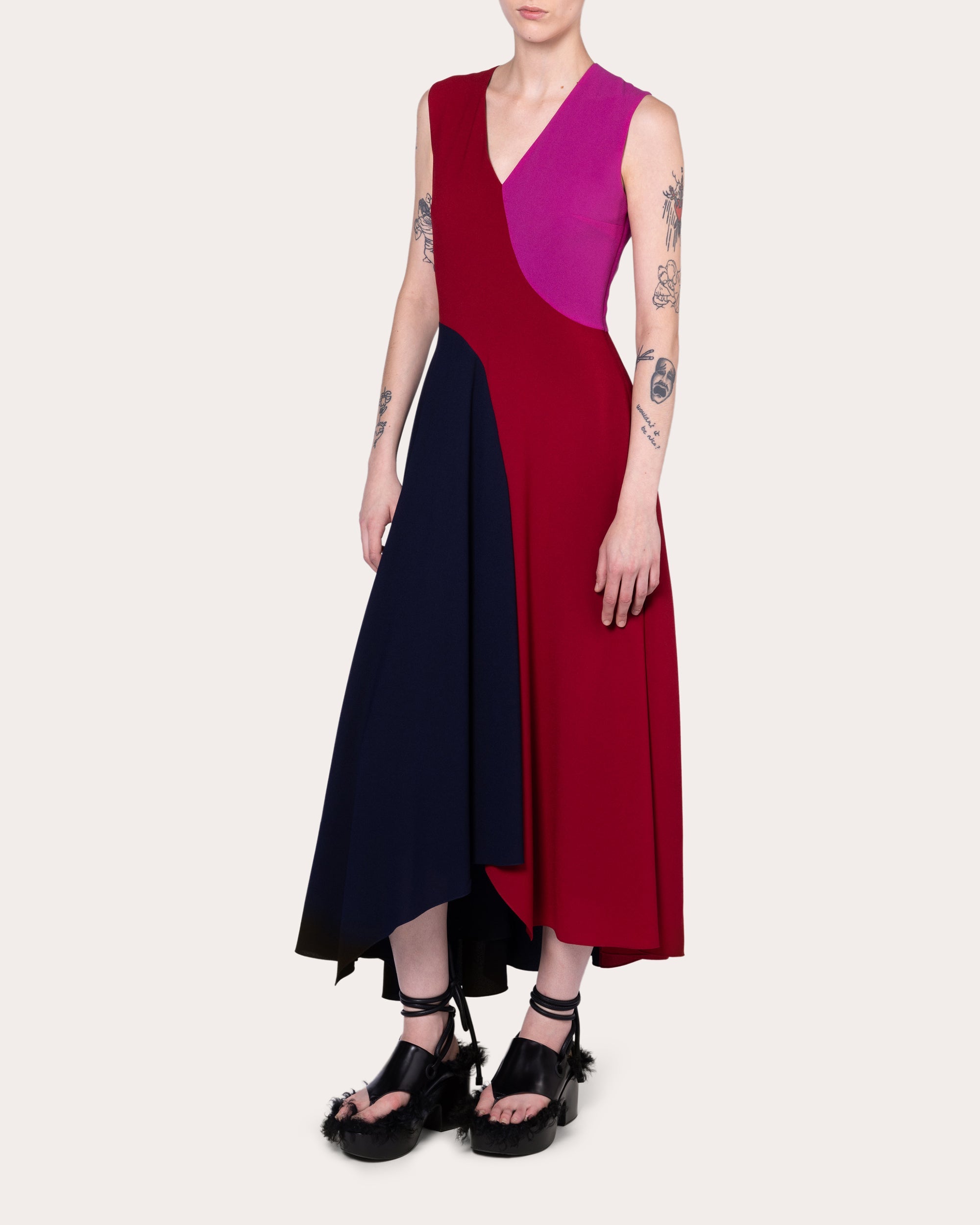 Miral Color Block Crepe Asymmetric Midi Dress
