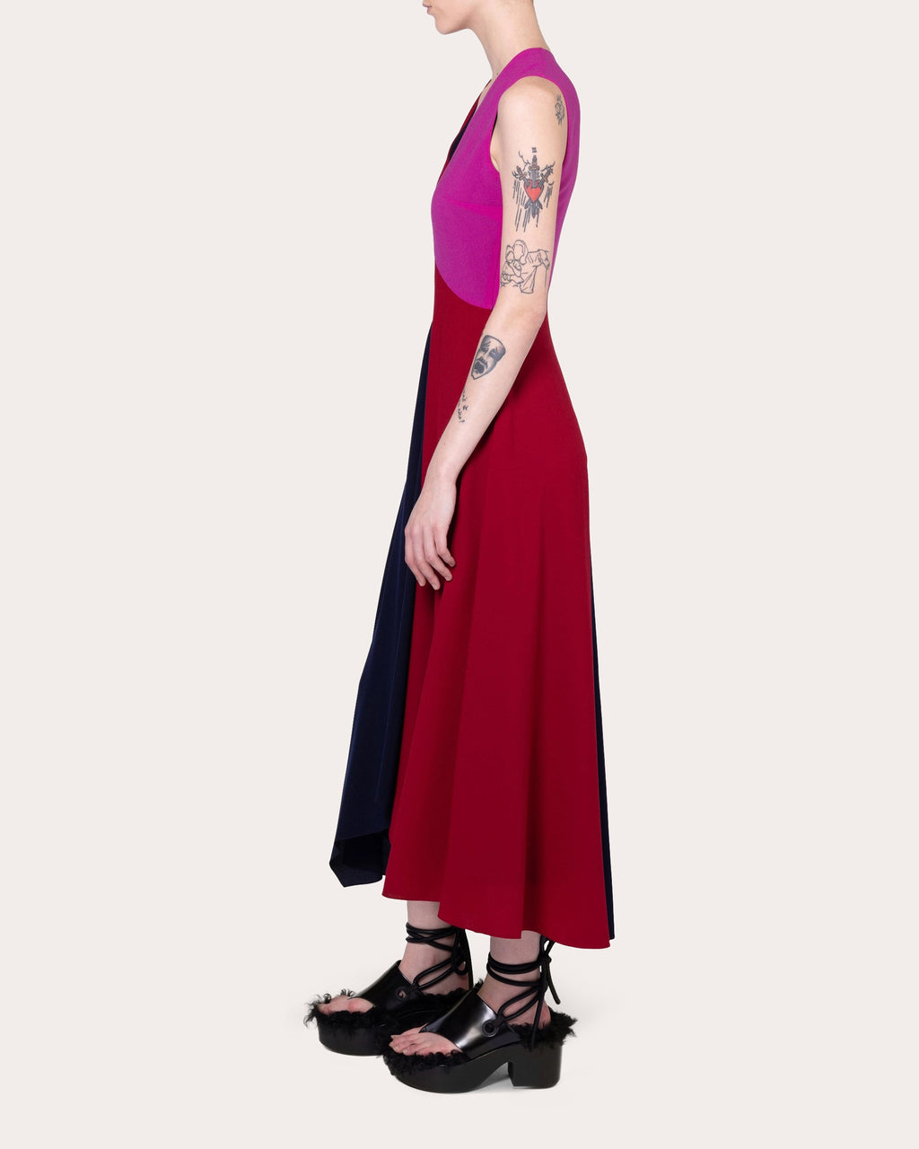 Miral Color Block Crepe Asymmetric Midi Dress