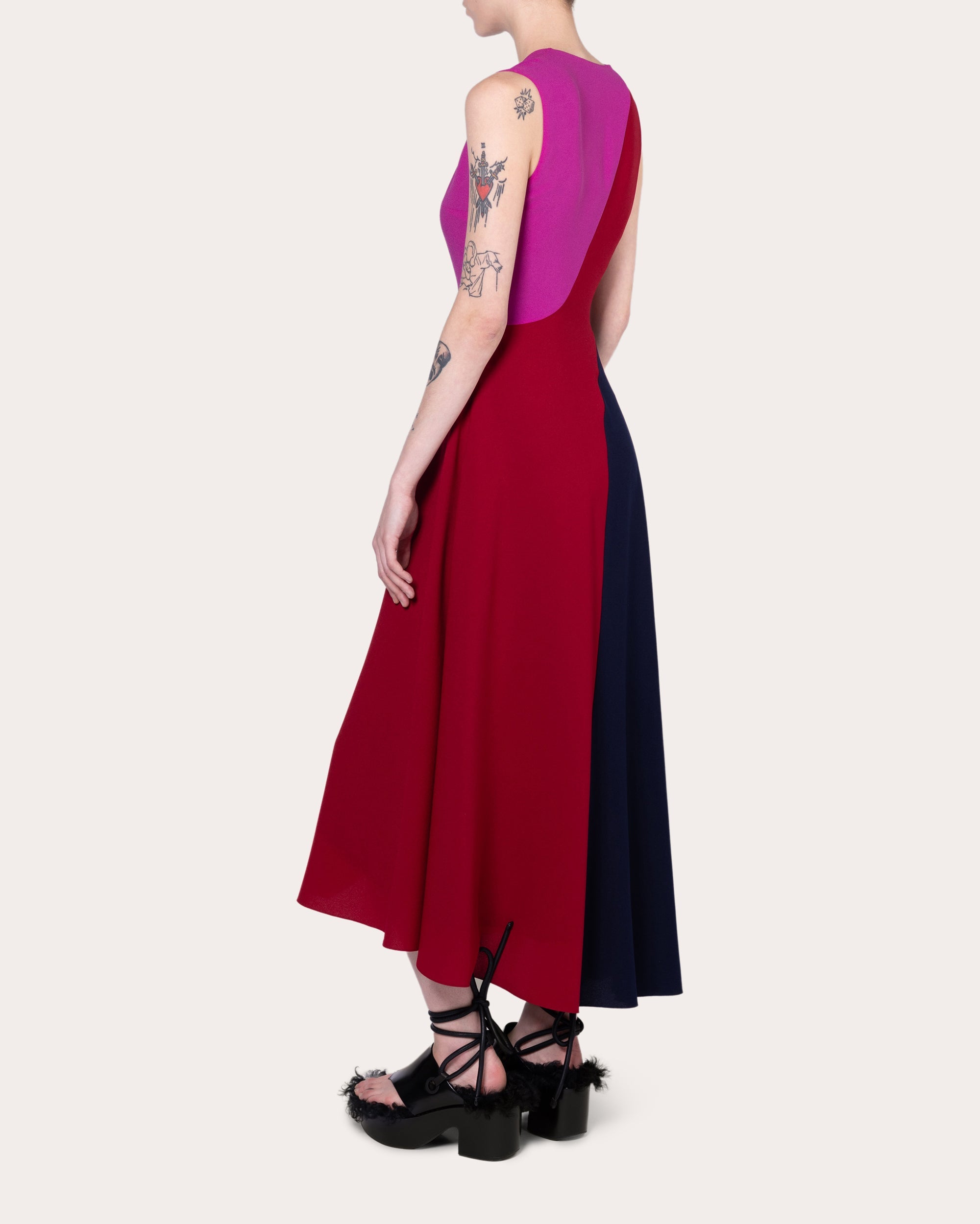 Miral Color Block Crepe Asymmetric Midi Dress