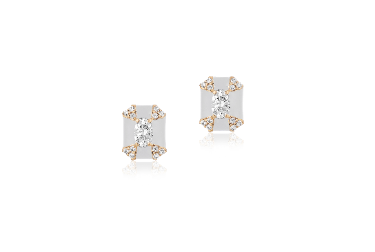 Queen Rectangular Diamond Studs With White Enamel in 18K Yellow Gold