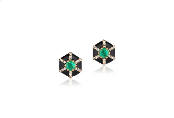 Queen Hexagon Emerald & Diamond Stud With Black Enamel in 18K Yellow Gold