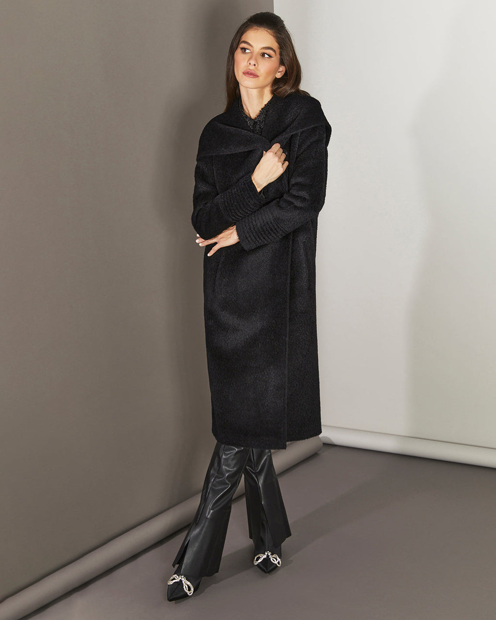 Bouclé Alpaca Long Hooded Coat