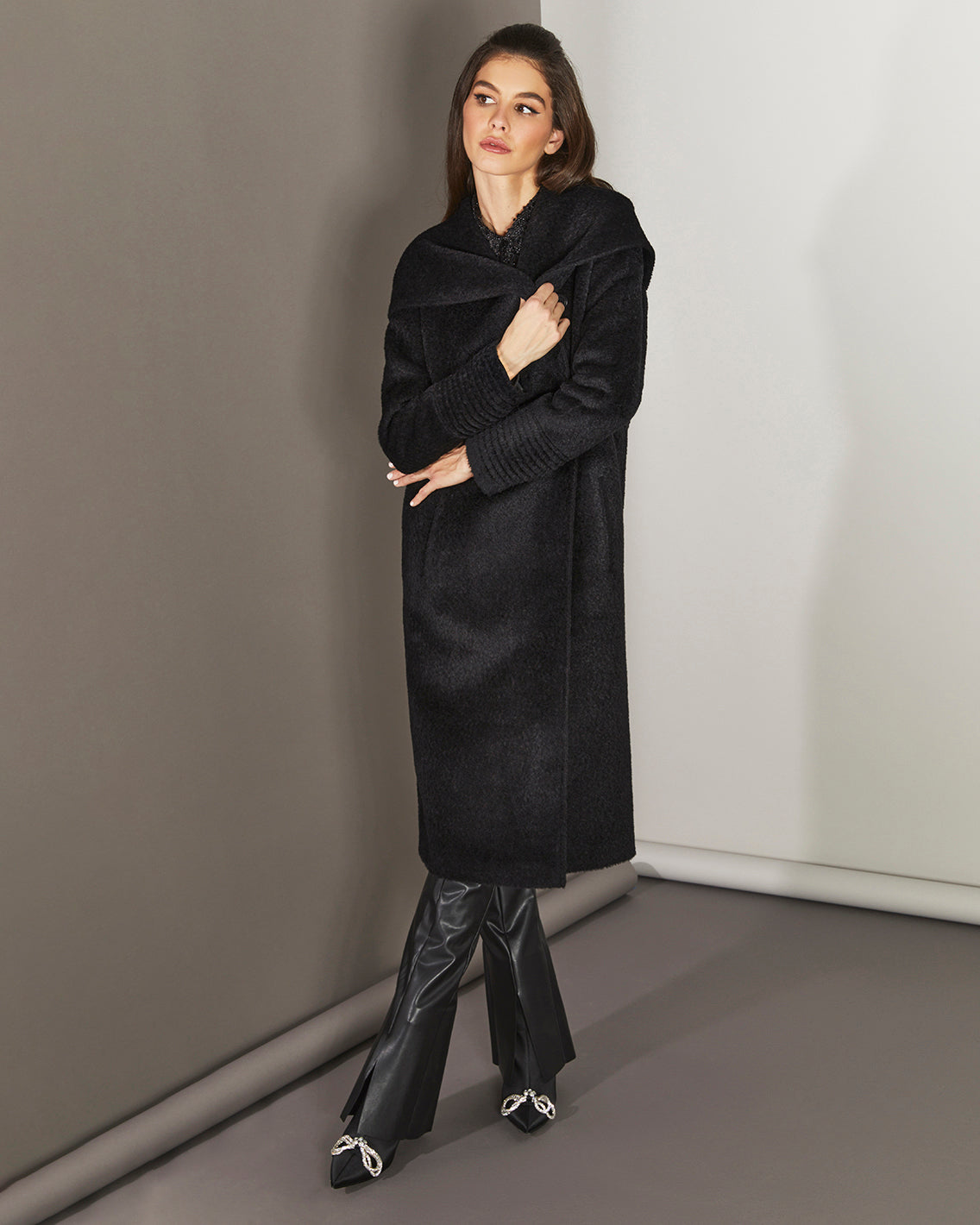 Bouclé Alpaca Long Hooded Coat