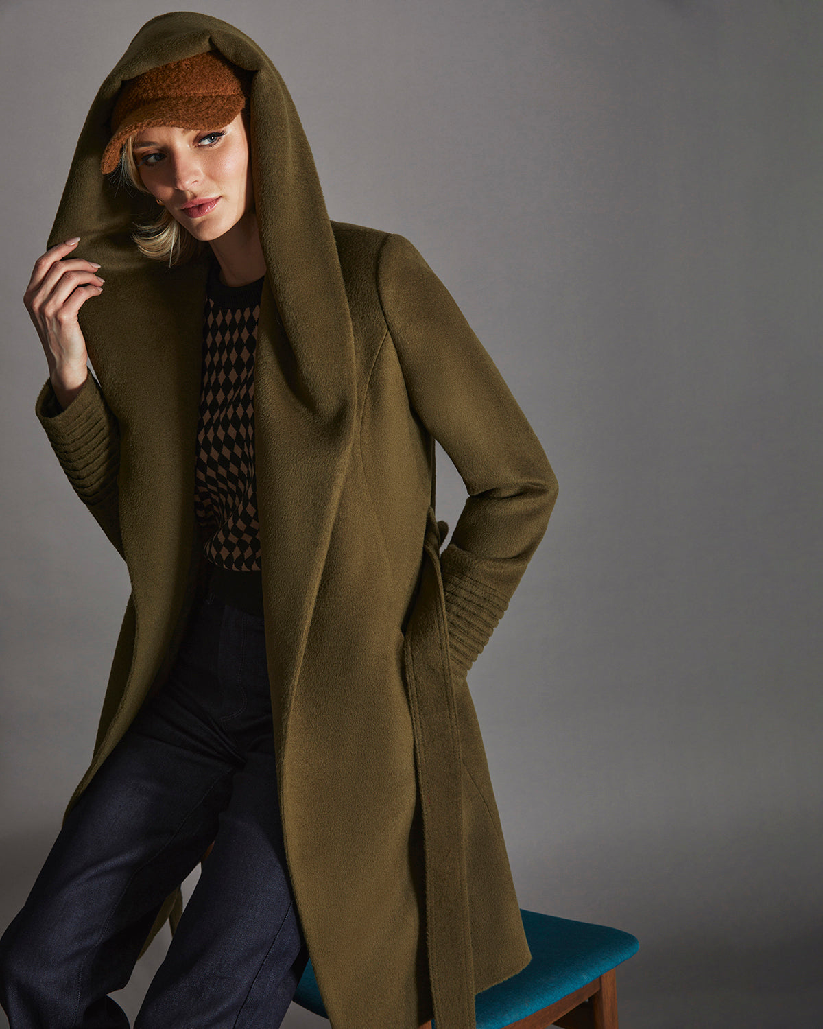 Alpaca Wool Mid-Length Hooded Wrap Coat