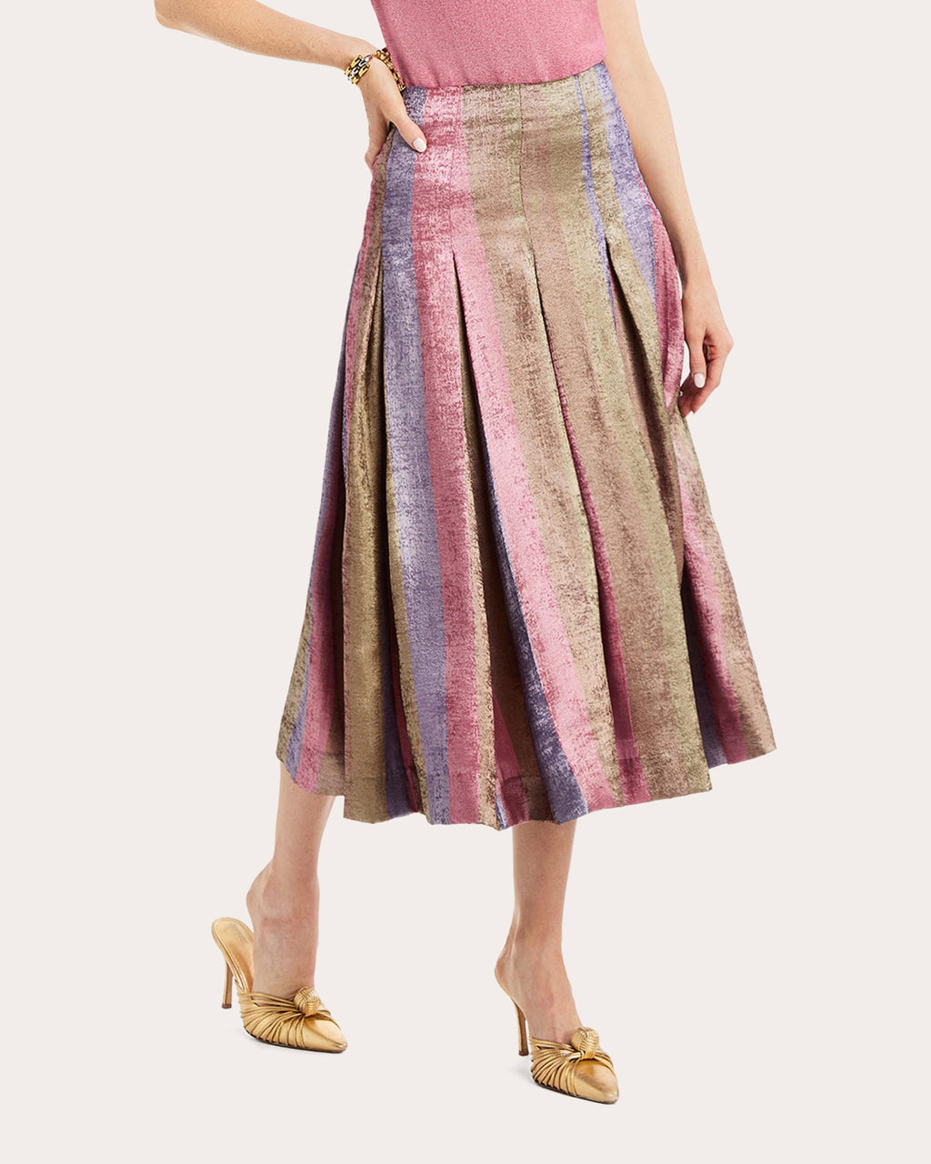 Seville Metallic Stripe Pleated Midi Skirt