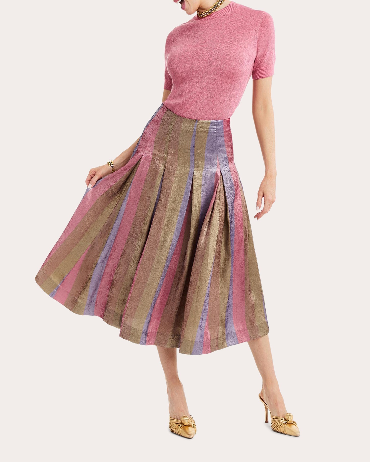 Seville Metallic Stripe Pleated Midi Skirt