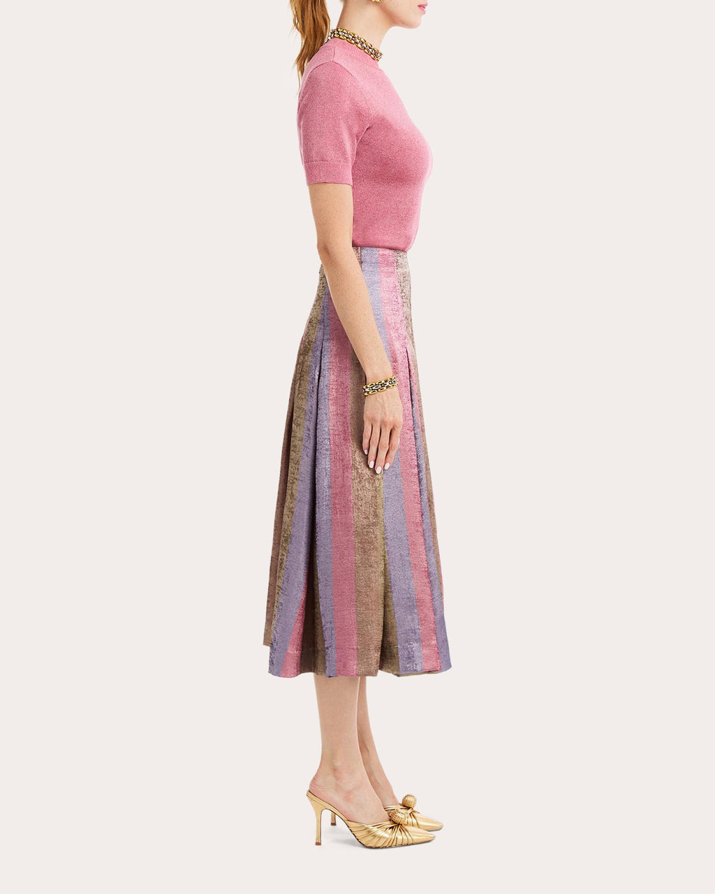 Seville Metallic Stripe Pleated Midi Skirt