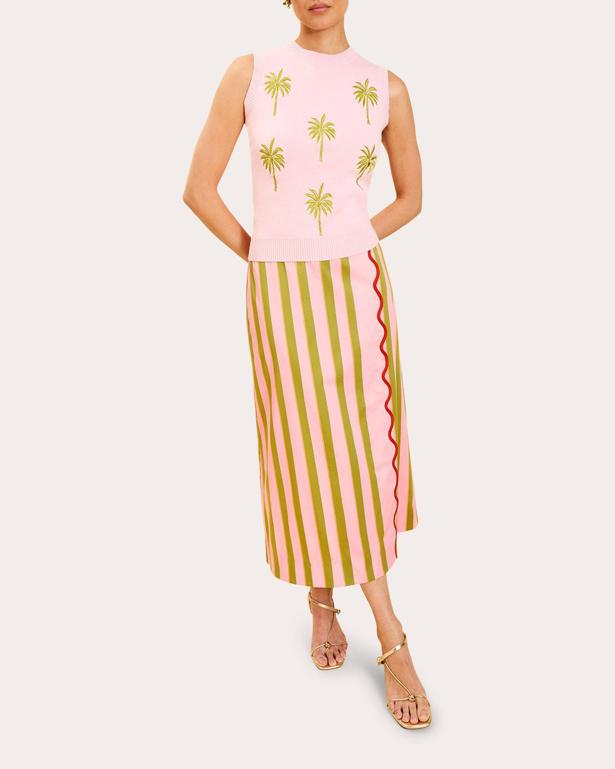 Joyah Stripe Poplin Scalloped Midi Skirt