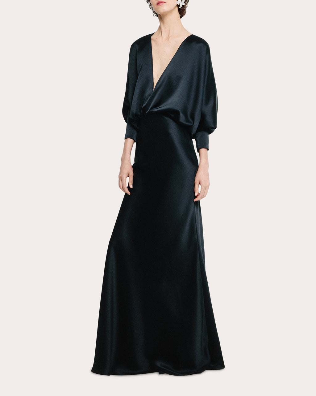 Satin Draped V-Neck Blouson Gown