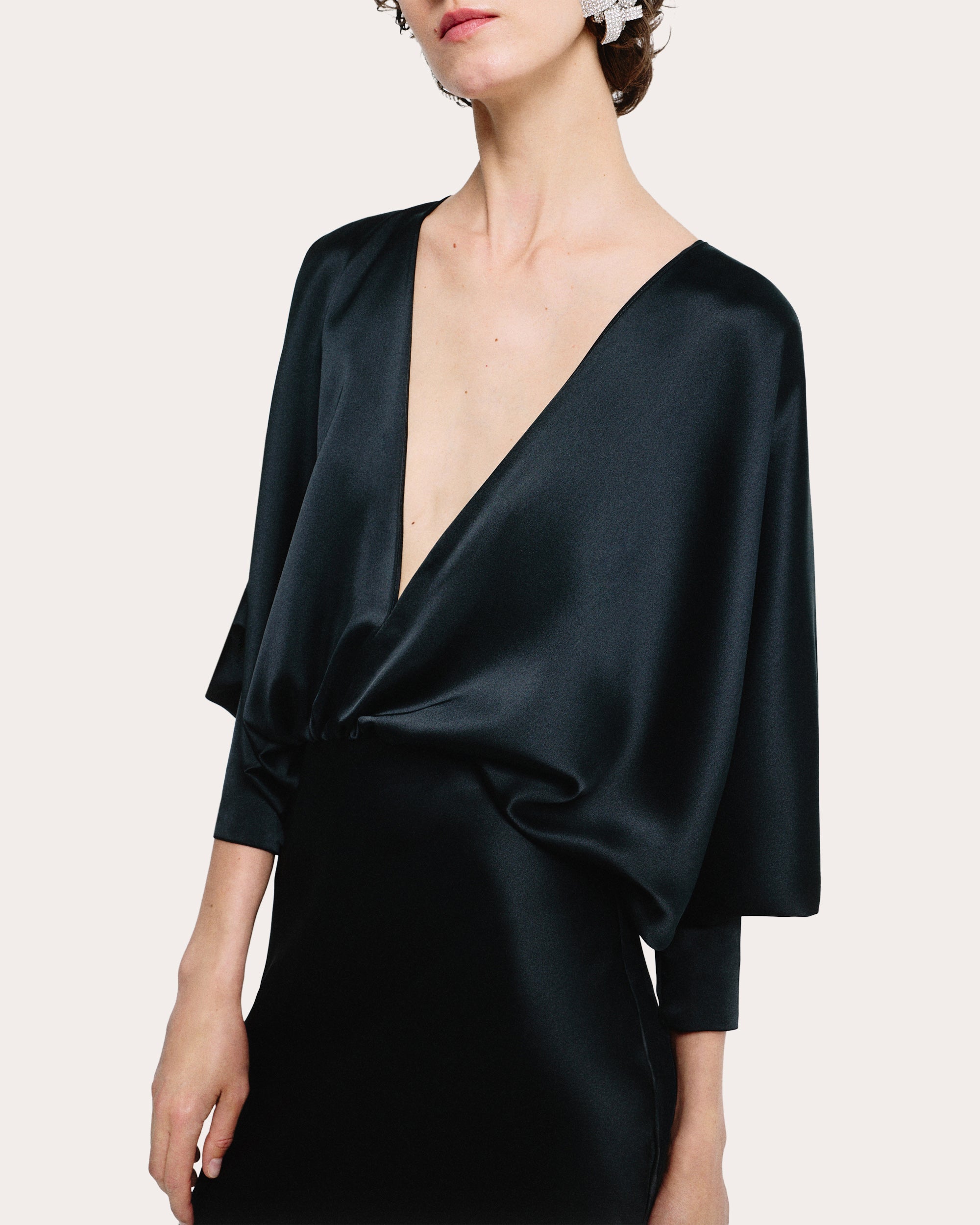 Satin Draped V-Neck Blouson Gown