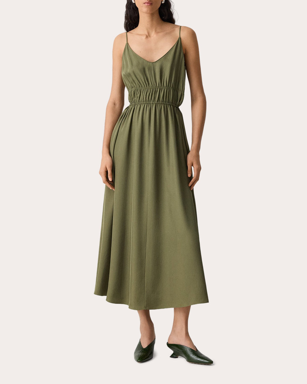 Washed Twill Gathered Midi Dress