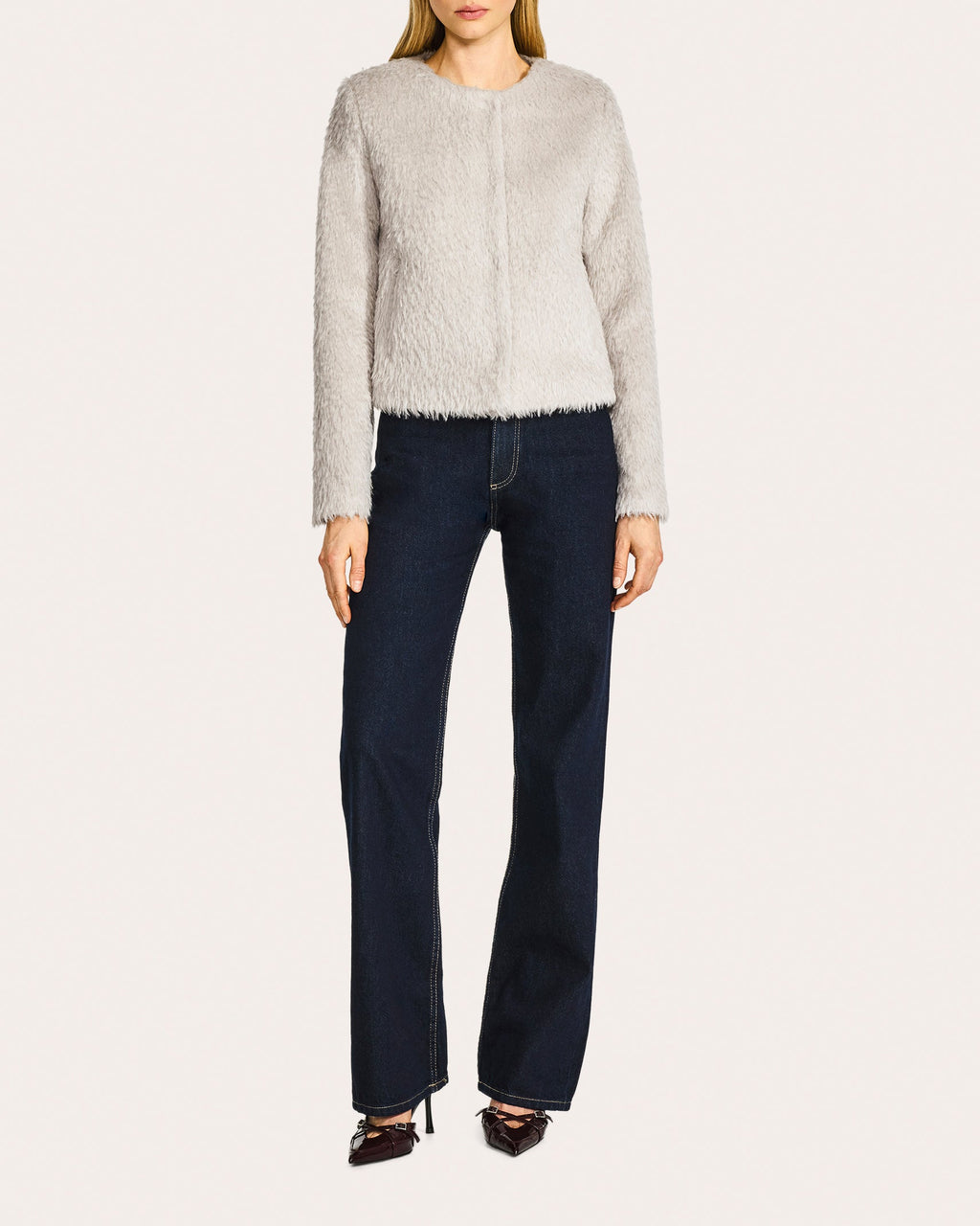 Textured Suri Alpaca Collarless Moto Jacket