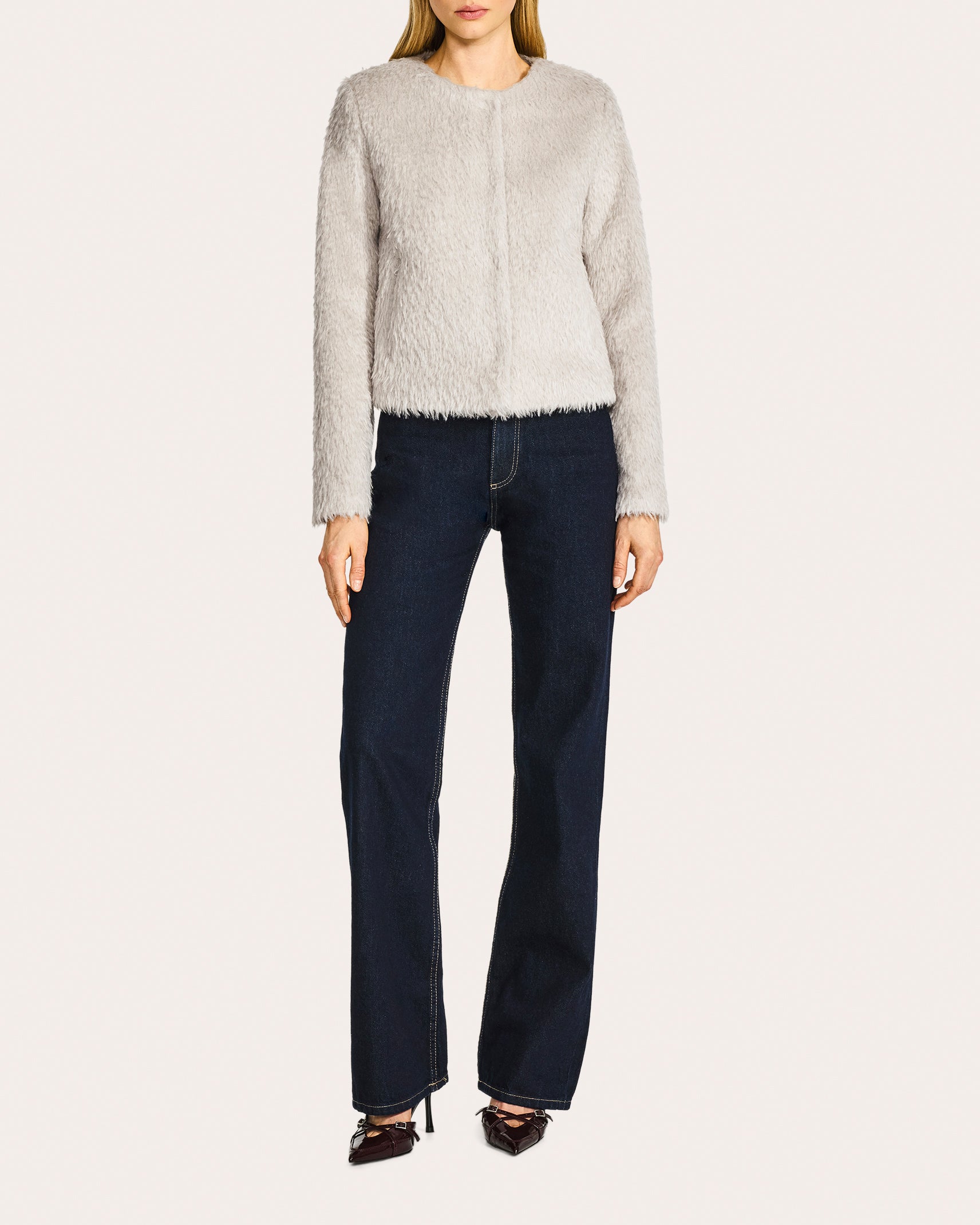 Textured Suri Alpaca Collarless Moto Jacket