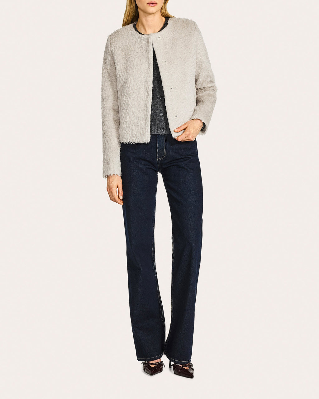Textured Suri Alpaca Collarless Moto Jacket
