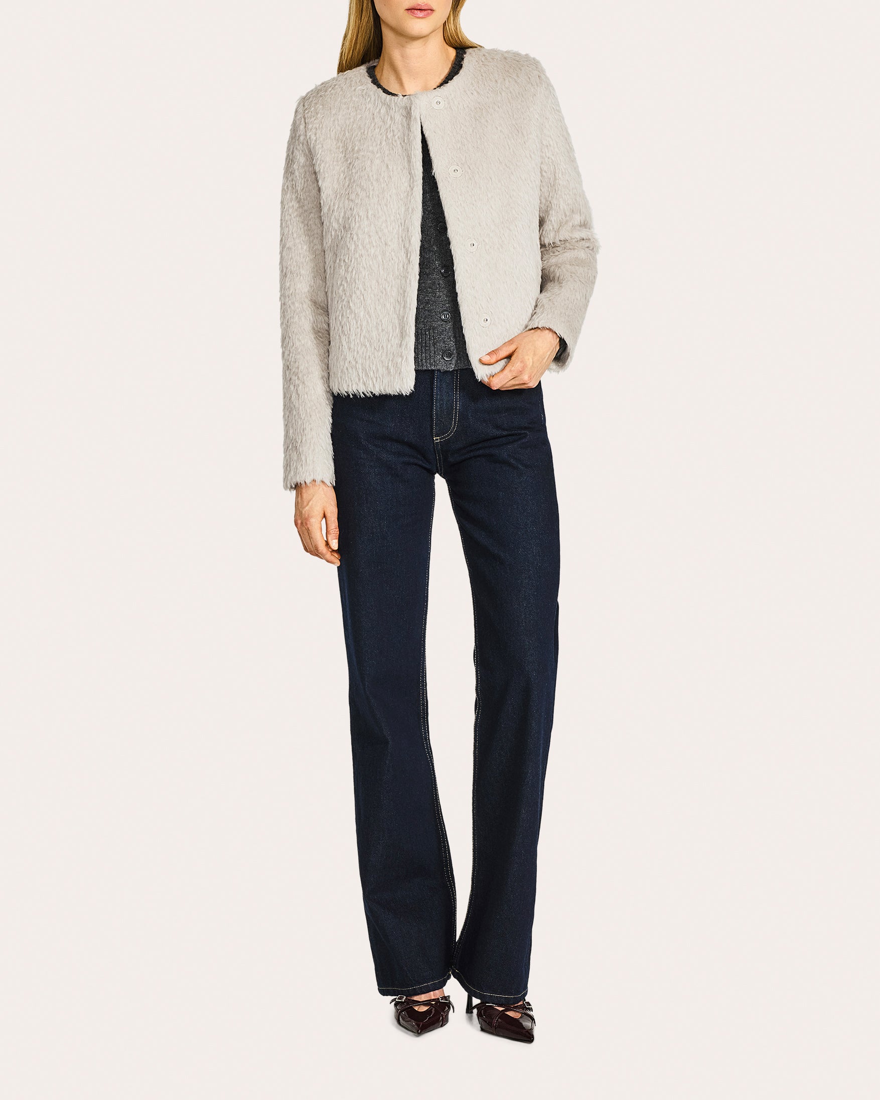 Textured Suri Alpaca Collarless Moto Jacket