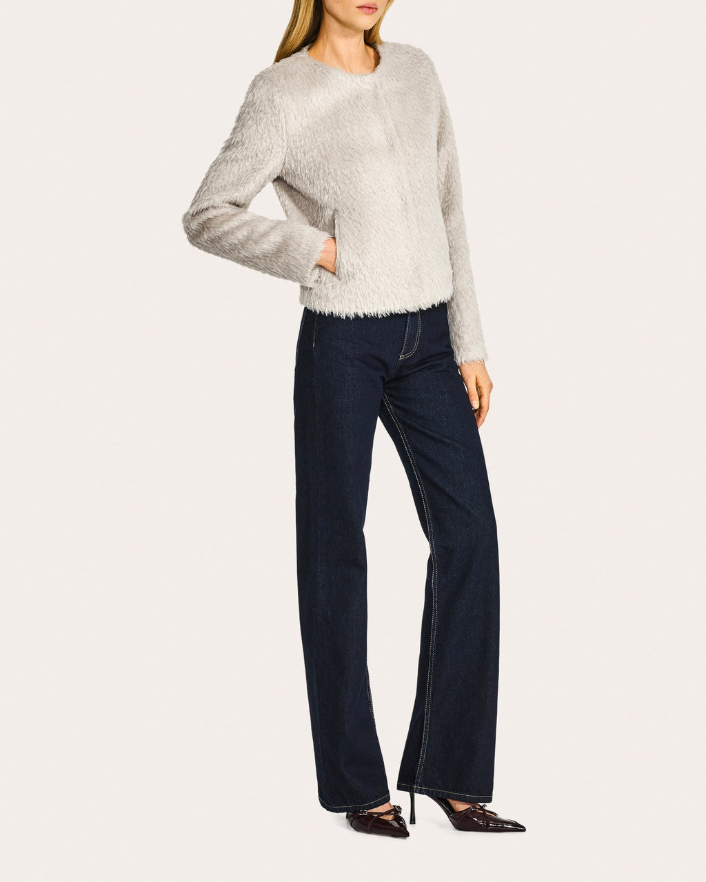 Textured Suri Alpaca Collarless Moto Jacket