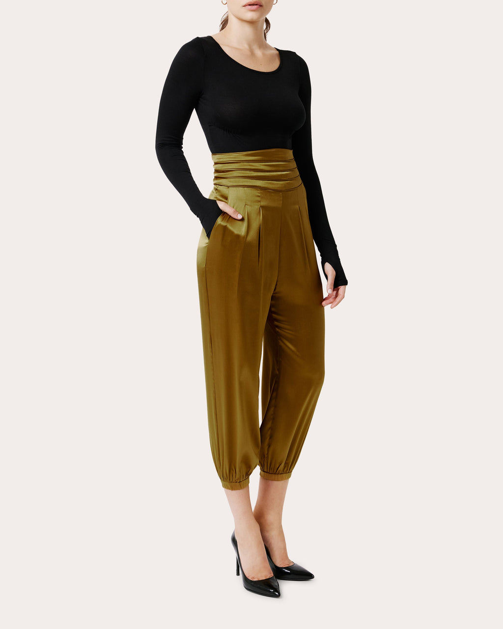 Avenoir Silk Charmeuse Pleated Crop Pants