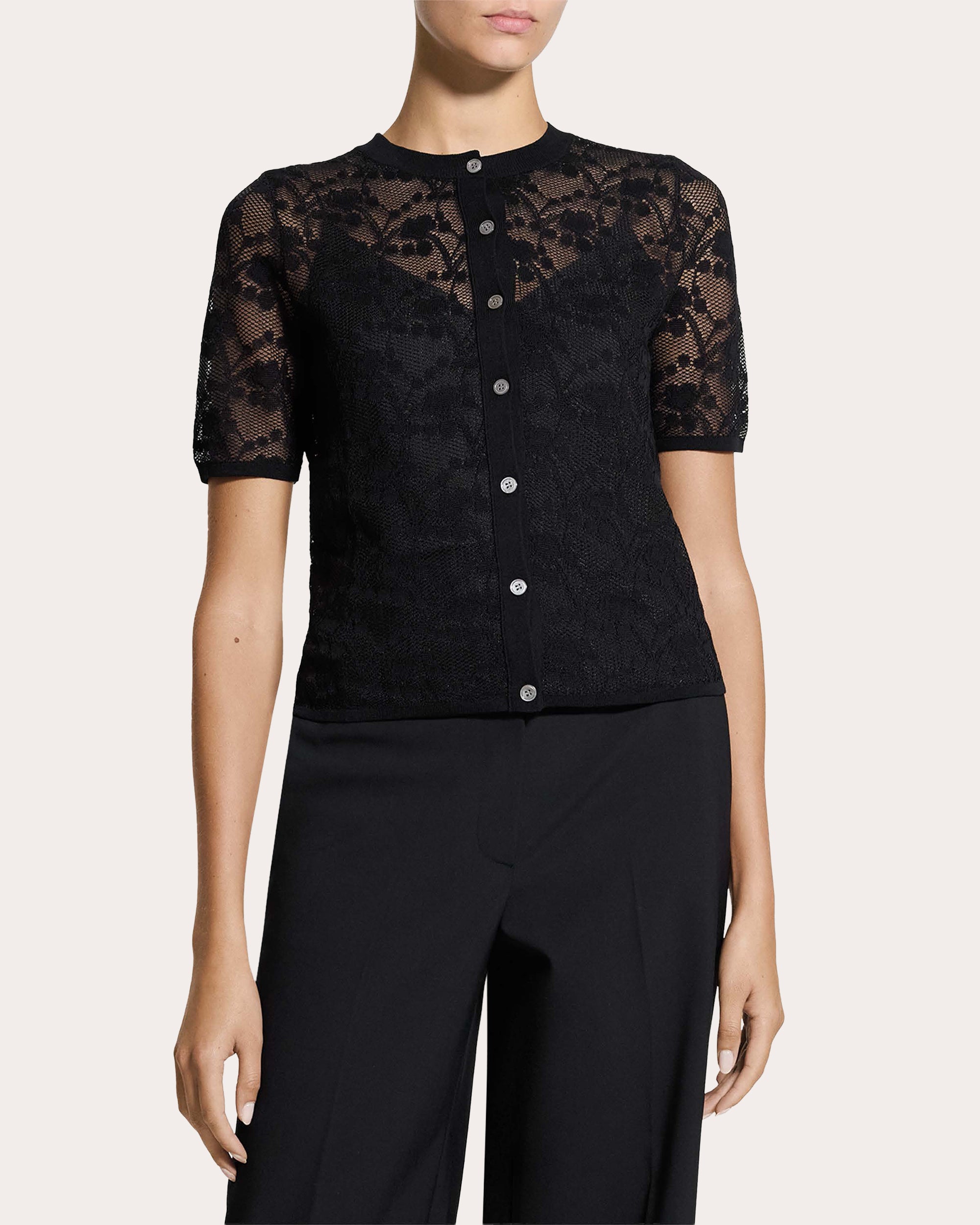 Floral Lace Short-Sleeve Button-Up Top