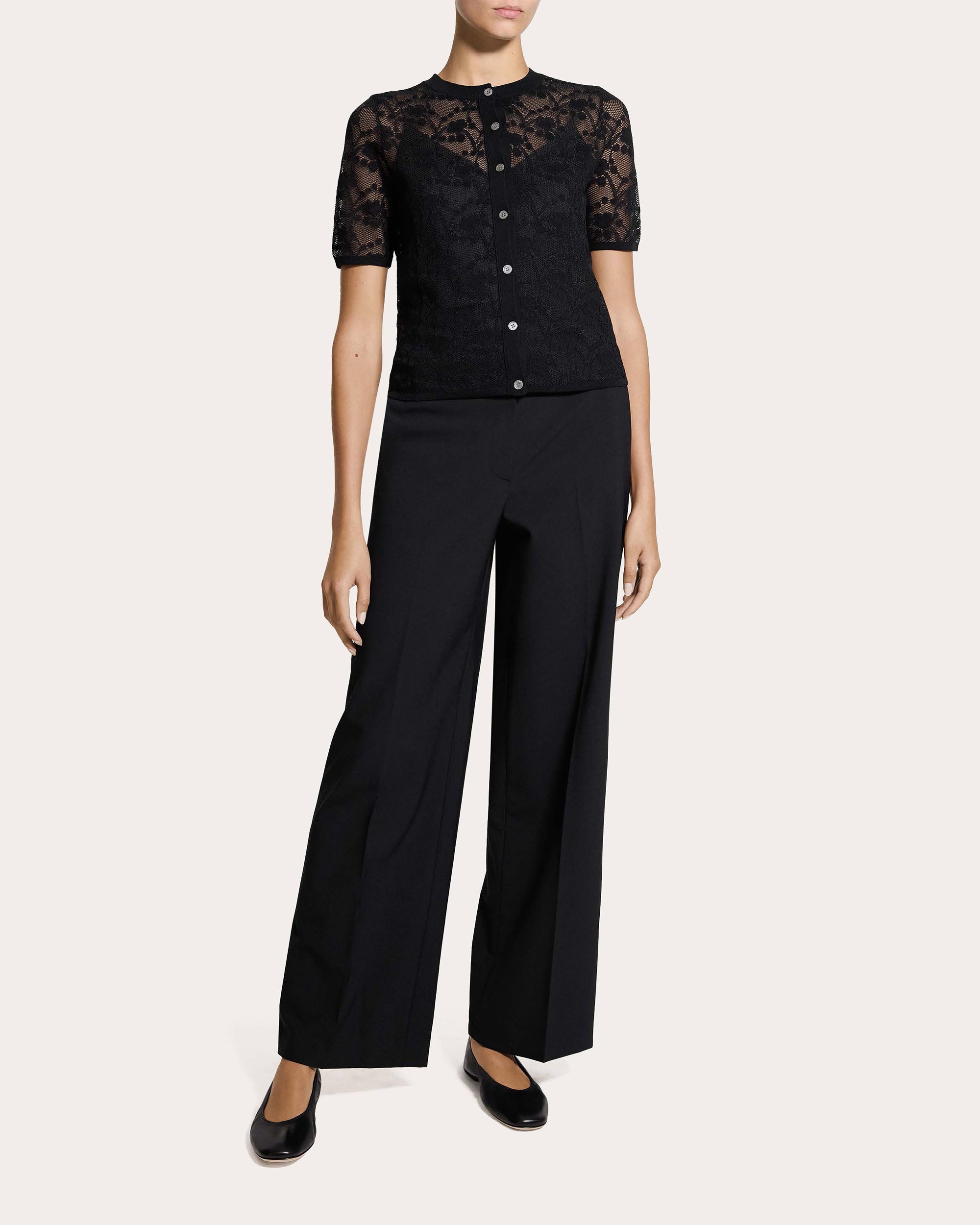 Floral Lace Short-Sleeve Button-Up Top