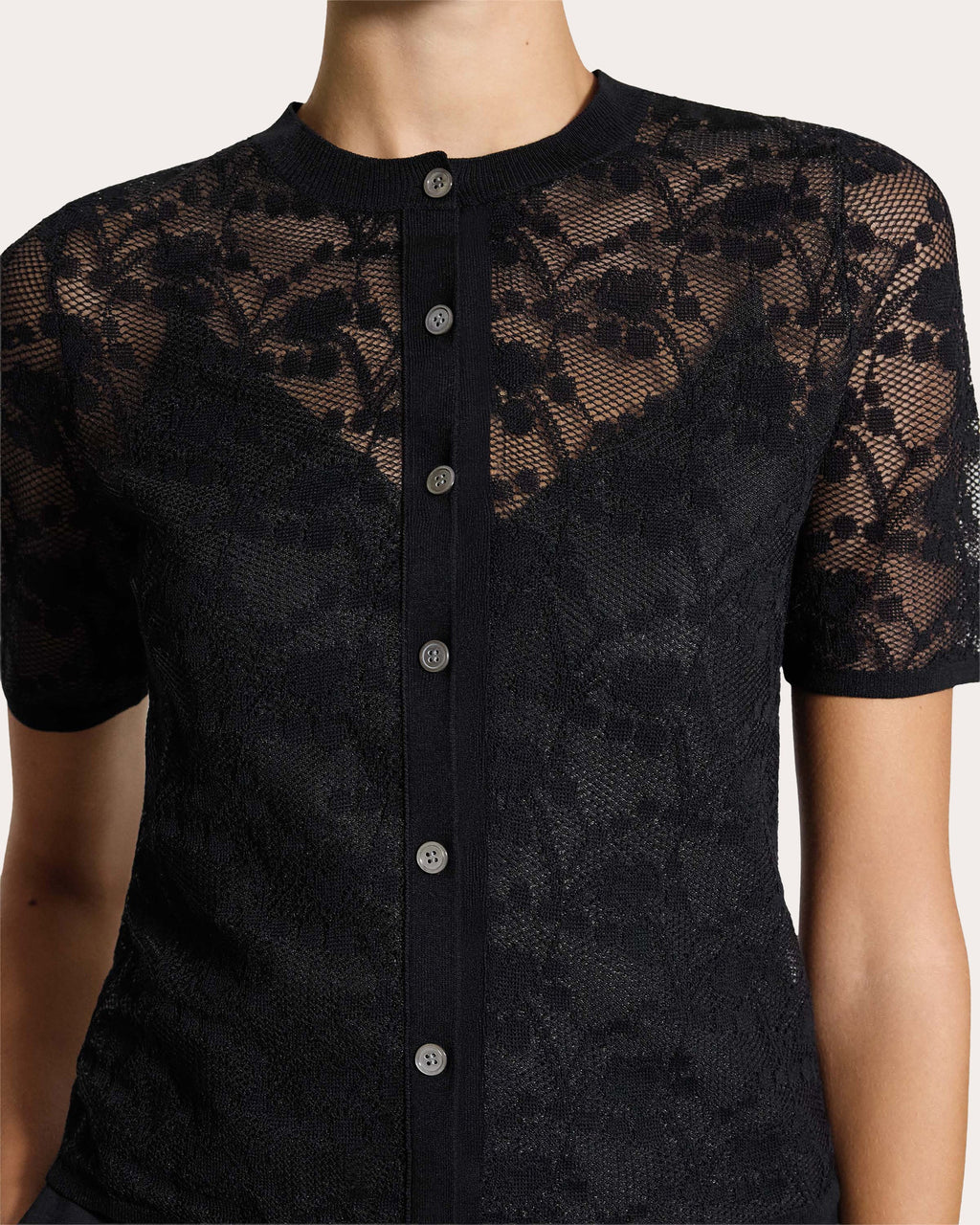 Floral Lace Short-Sleeve Button-Up Top