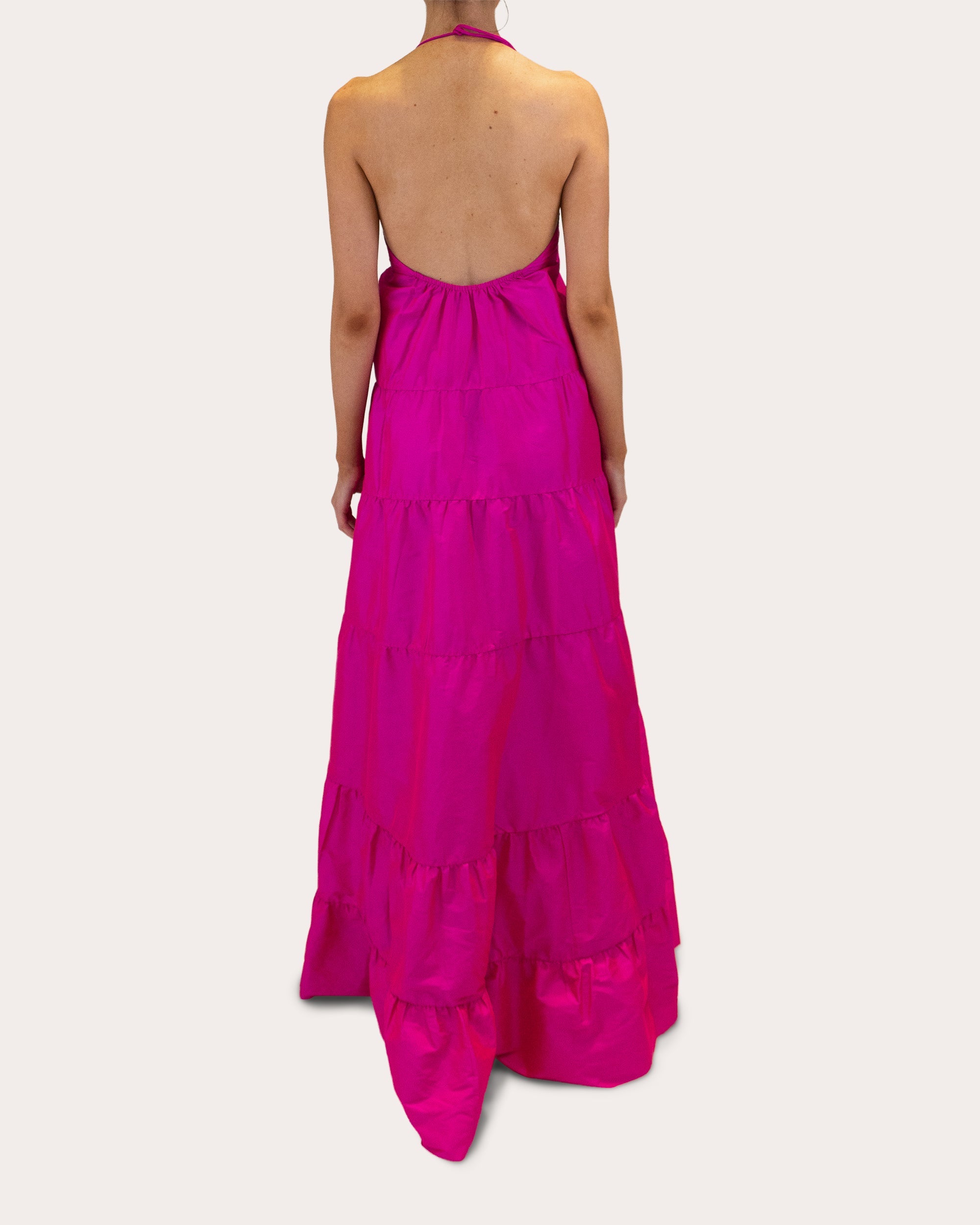 Olesia Taffeta Tiered V-Neck Halter Gown
