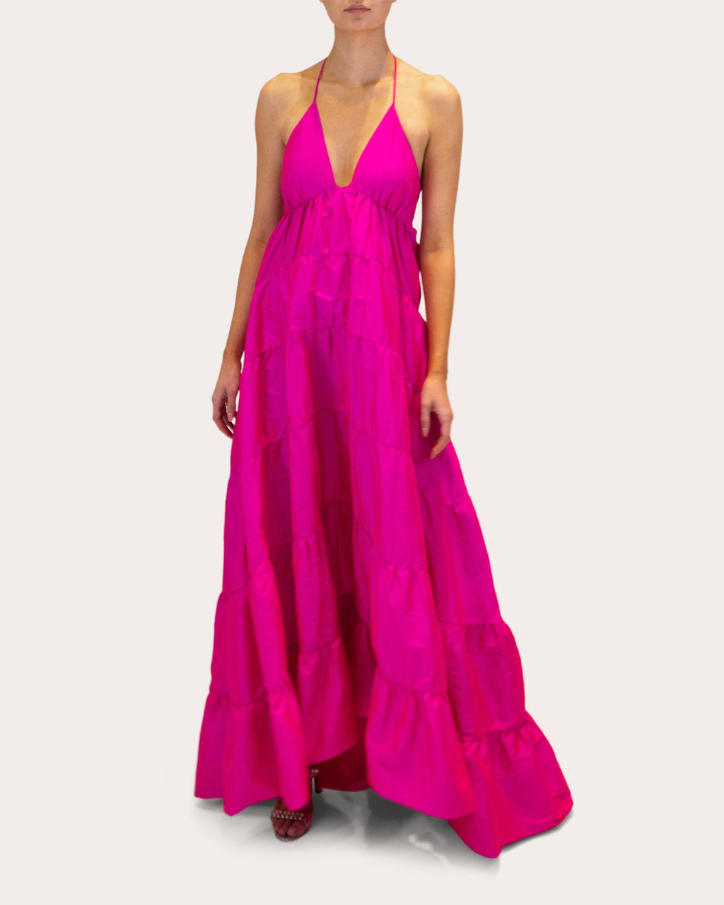 Olesia Taffeta Tiered V-Neck Halter Gown