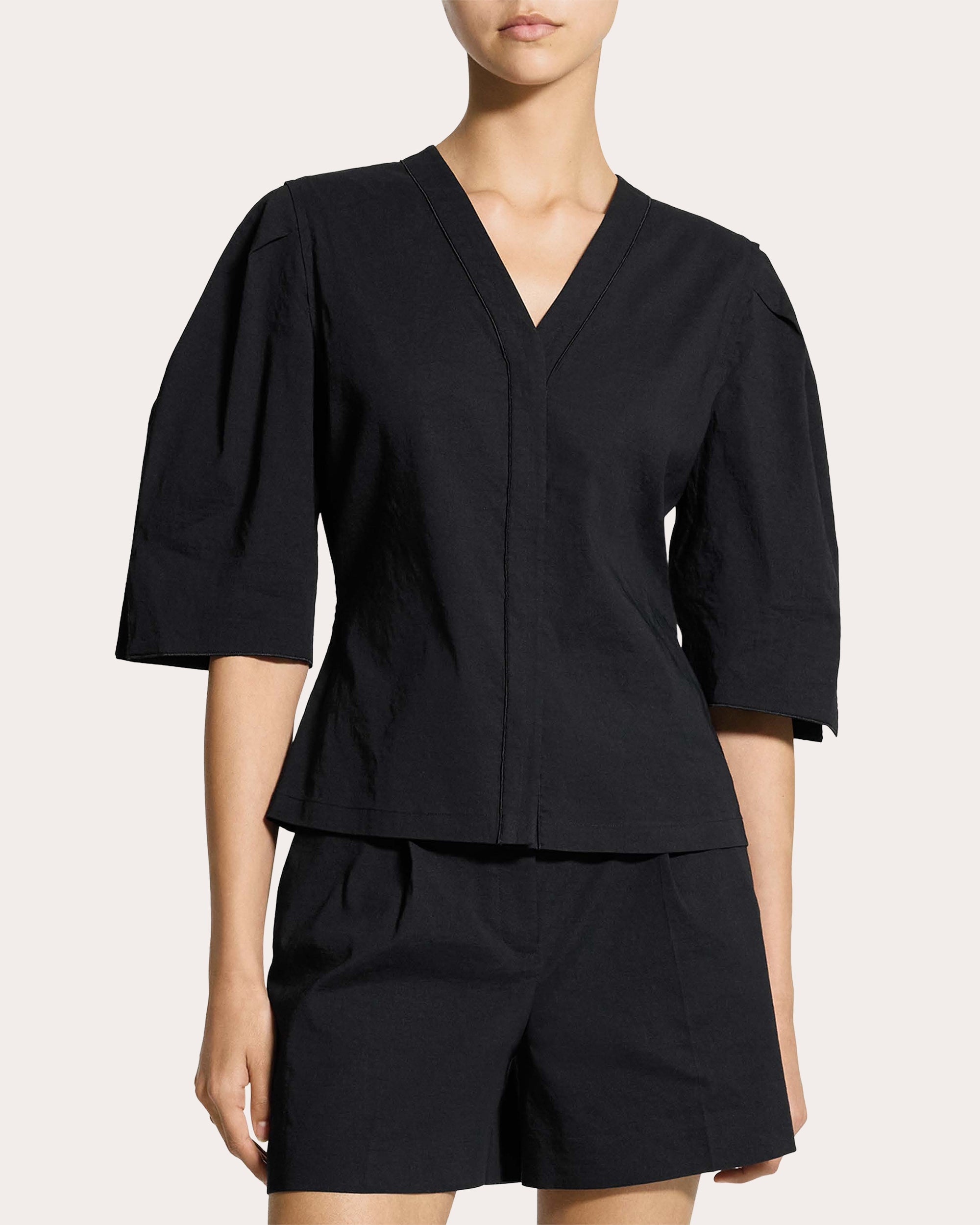 Good Linen Round-Sleeve Button-Up Top