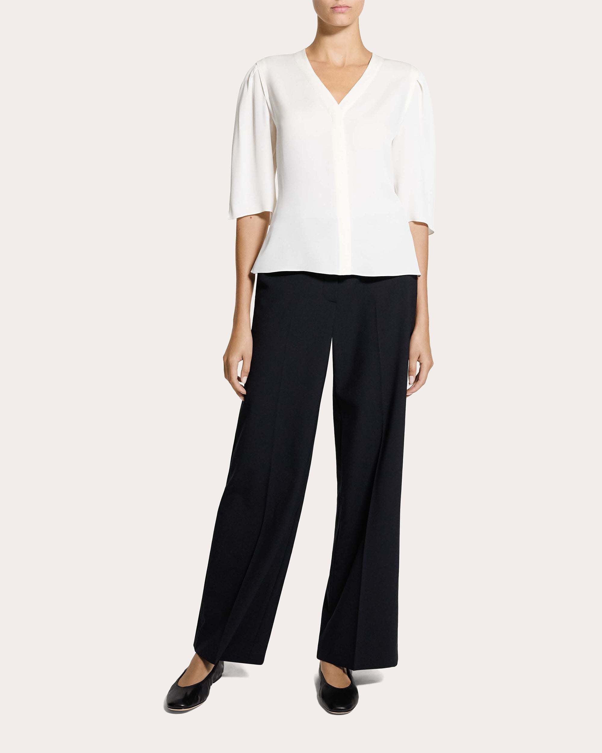 Silk Round-Sleeve Button-Up Top