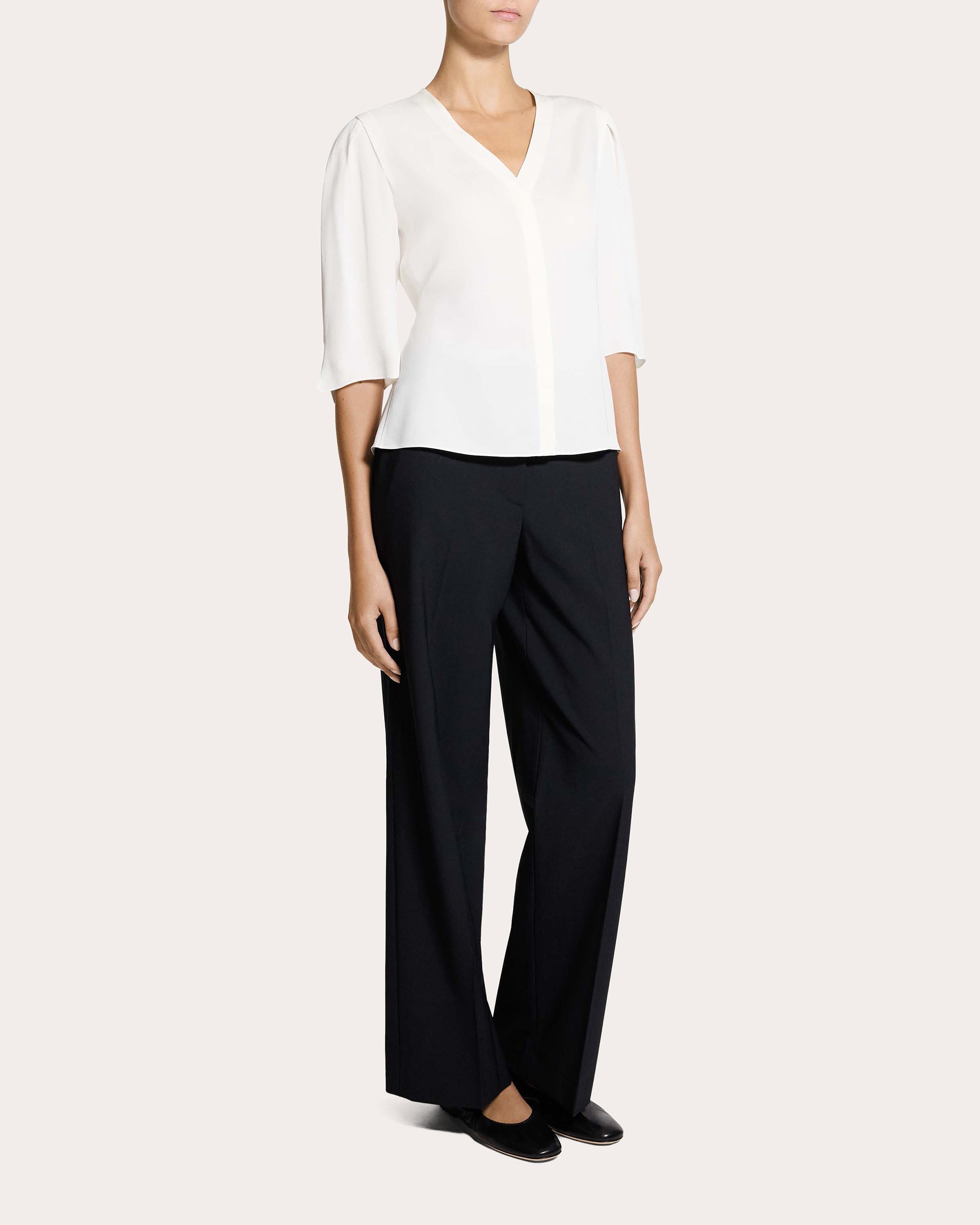 Silk Round-Sleeve Button-Up Top