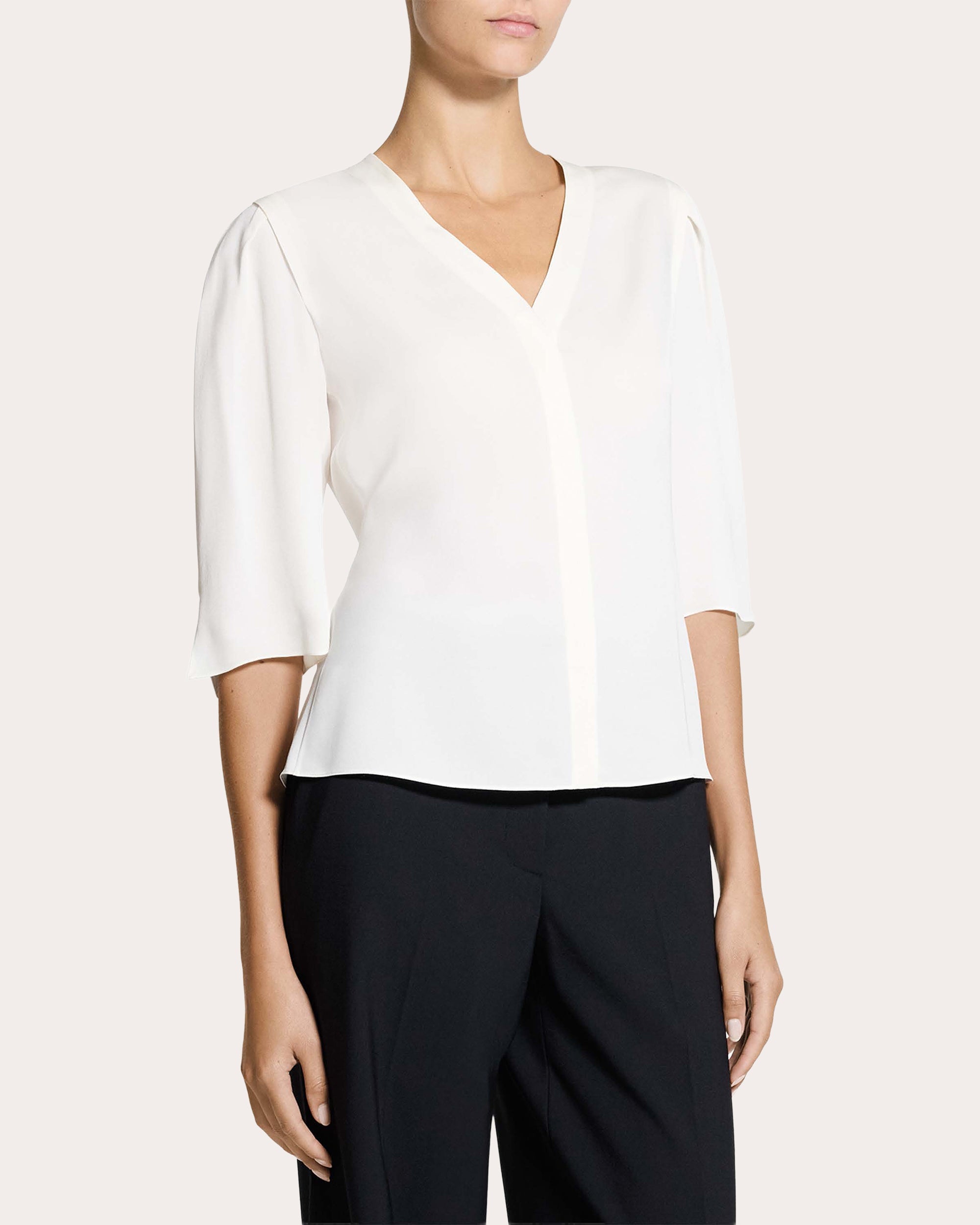 Silk Round-Sleeve Button-Up Top