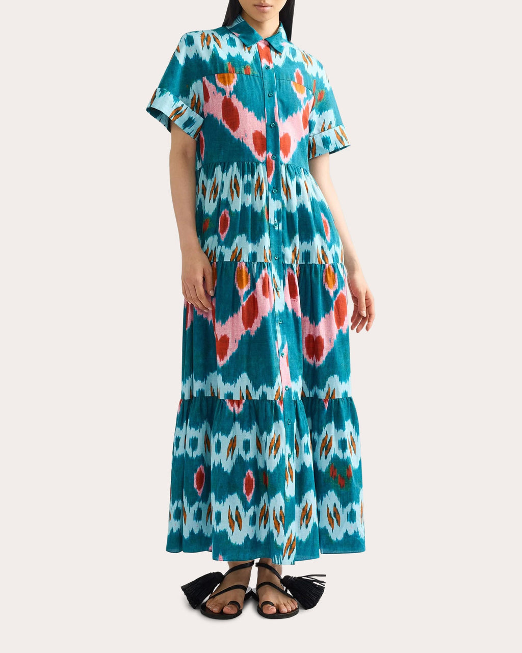 Ikat Cotton Tiered Midi Shirt Dress