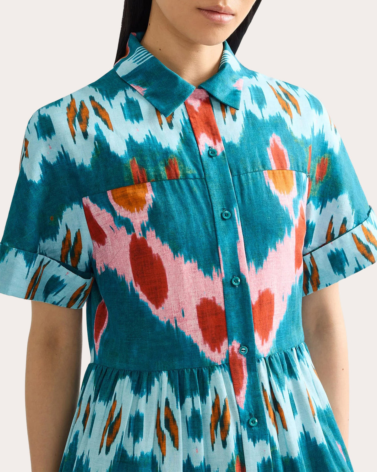 Ikat Cotton Tiered Midi Shirt Dress