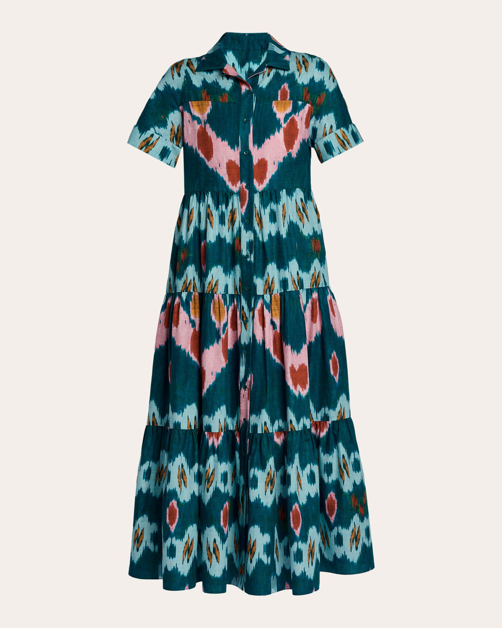 Ikat Cotton Tiered Midi Shirt Dress