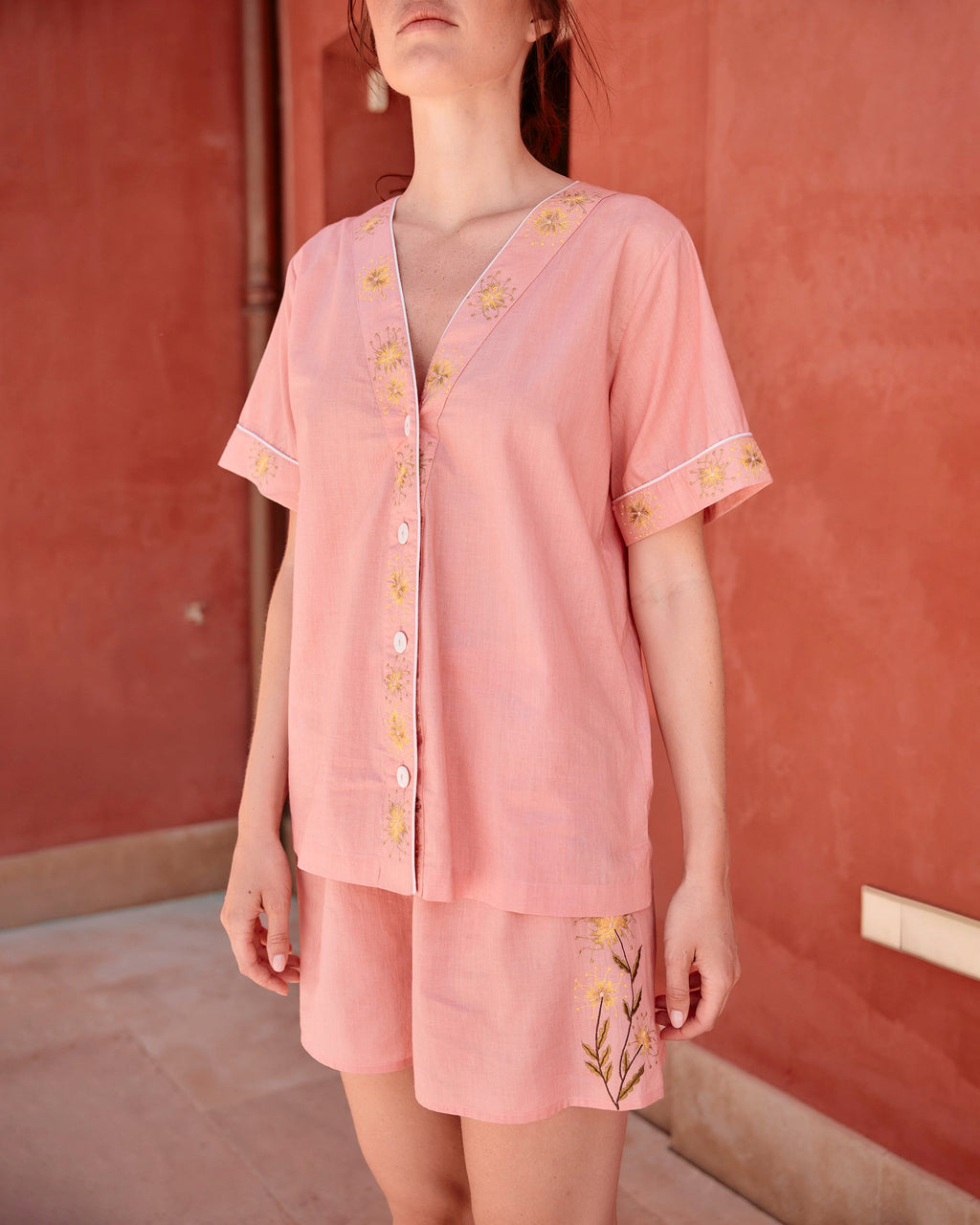 Sumi Embroidered Floral Cotton Pajama Set
