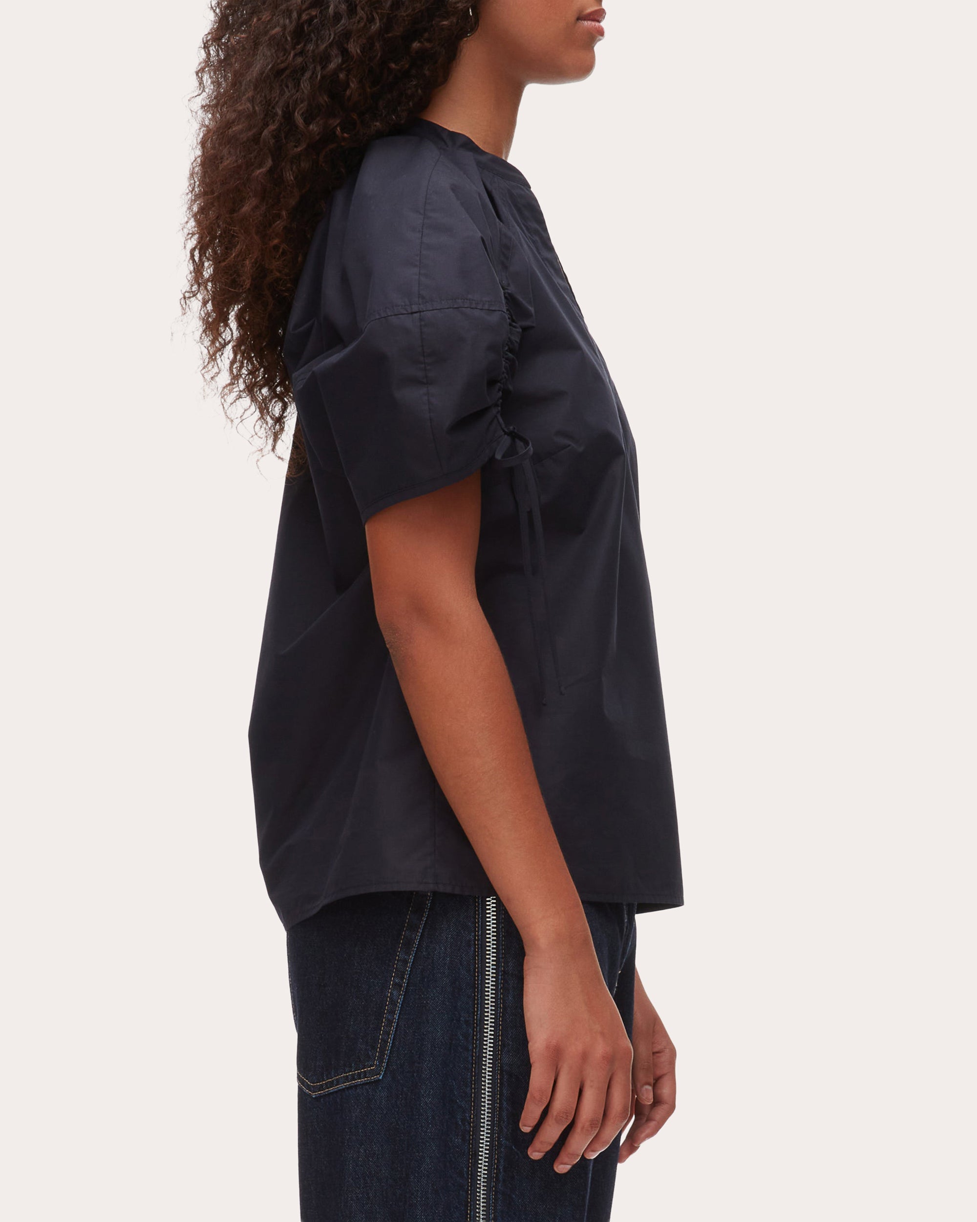 Cotton Poplin Ruched Puff-Sleeve Top