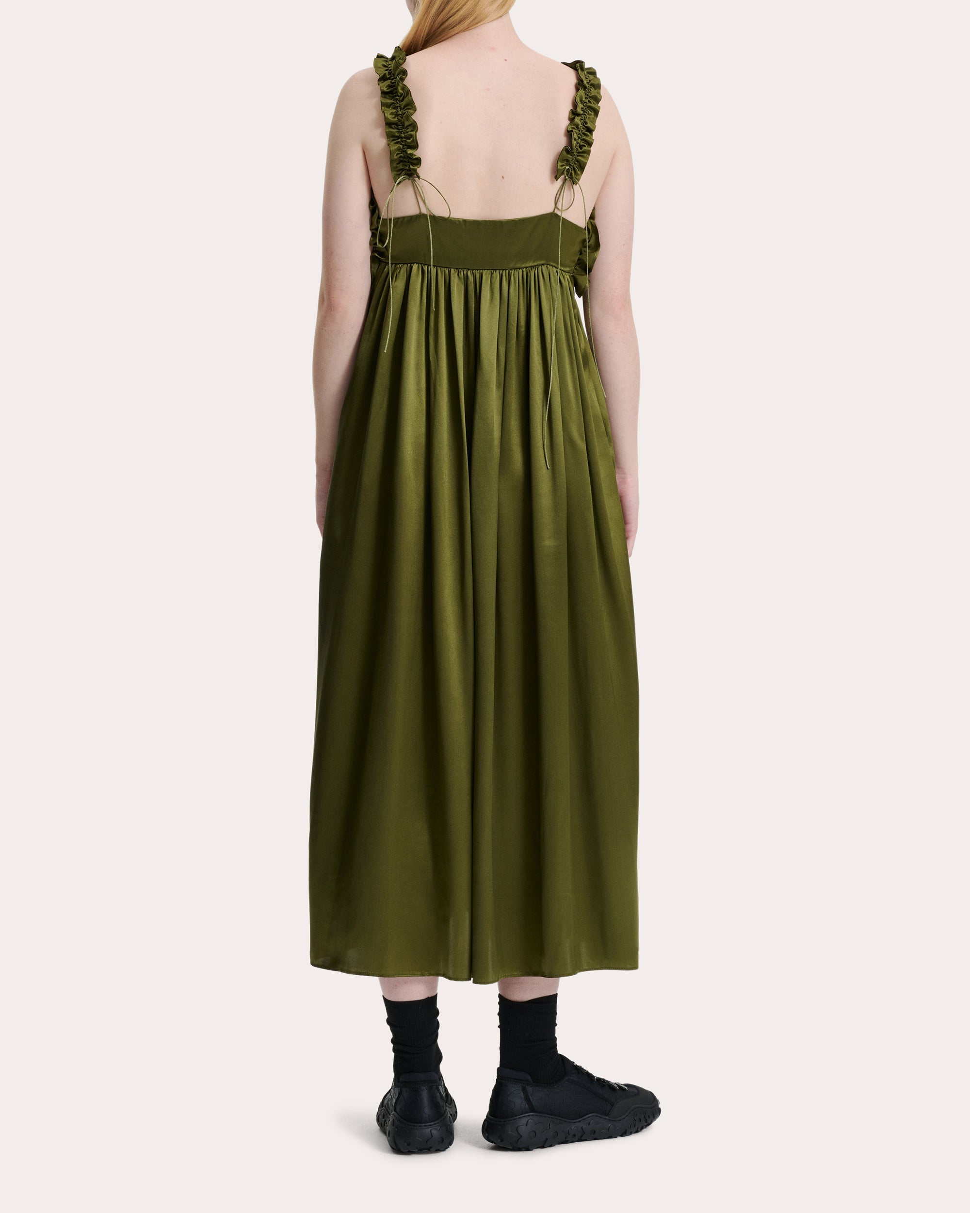 Giovanna Smocked Ruffle-Trimmed Silk Satin Midi Dress