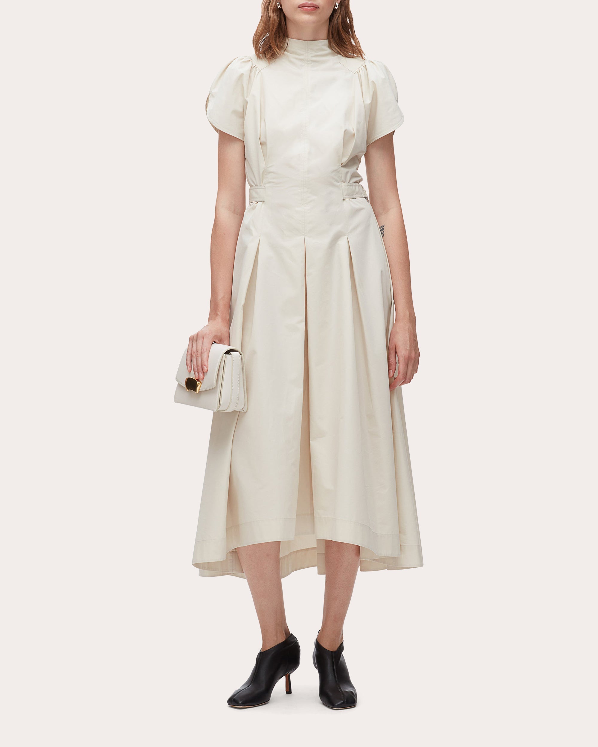 Cotton Poplin Pleated Tulip-Sleeve Midi Dress