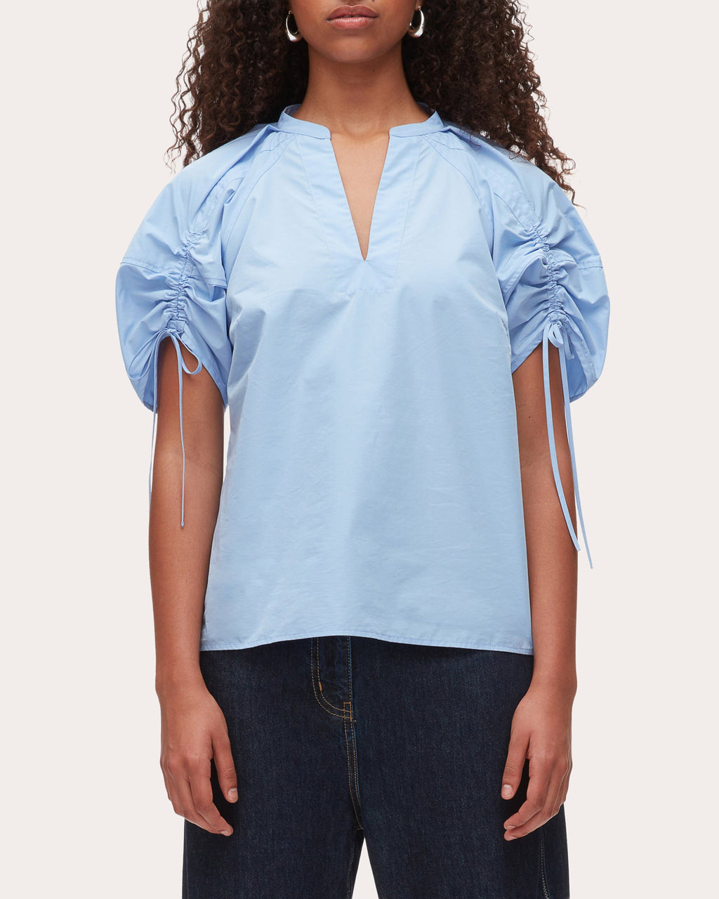 Cotton Poplin Ruched Puff-Sleeve Top