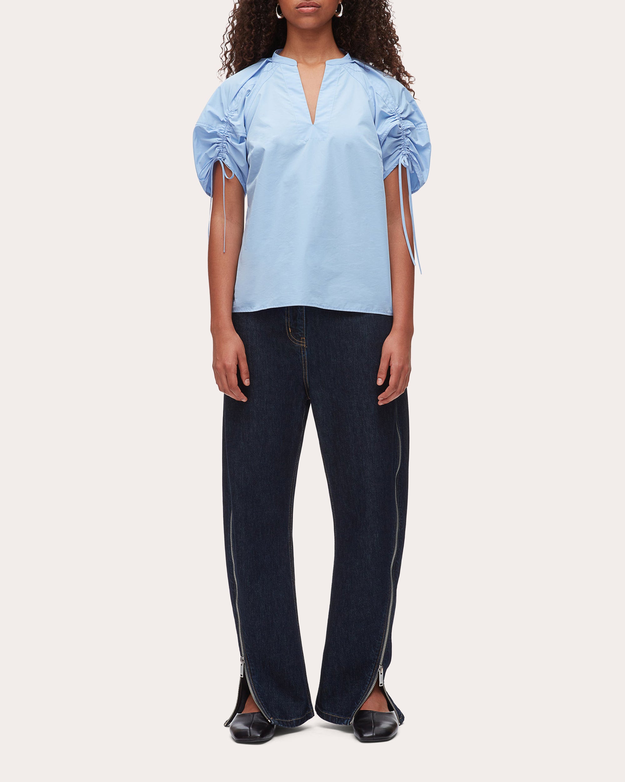 Cotton Poplin Ruched Puff-Sleeve Top