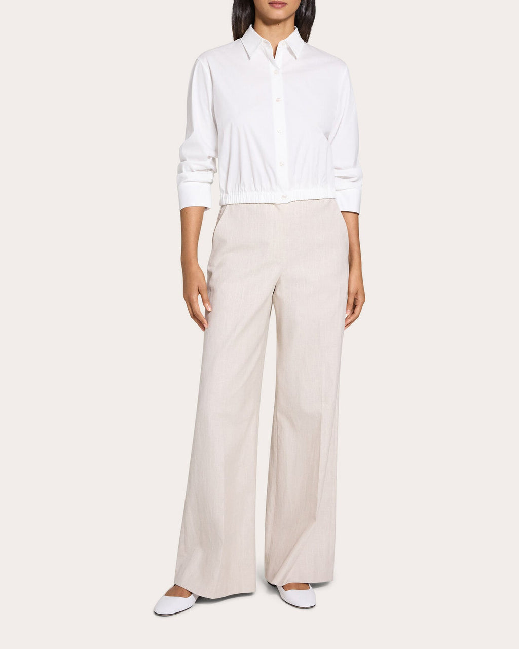 Gathered-Sleeve Cinched Button-Up
