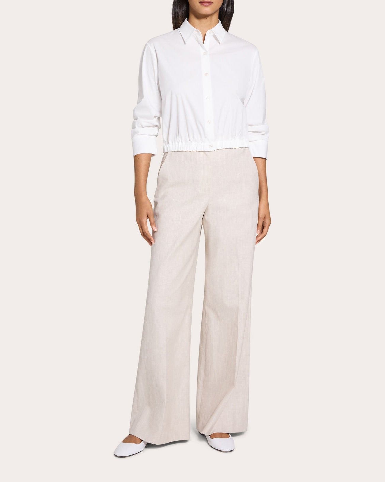 Gathered-Sleeve Cinched Button-Up